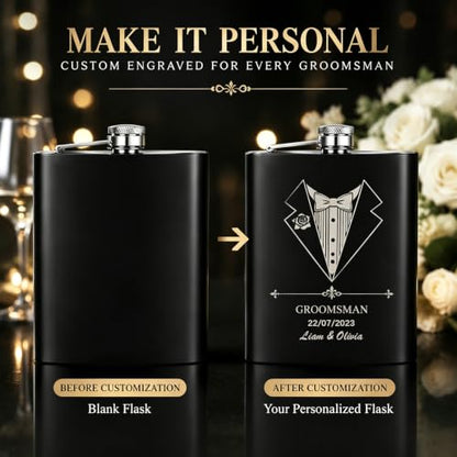 Custom Photo Engraved Flask for Men - Silver & Black Personalized Groomsmen Gift