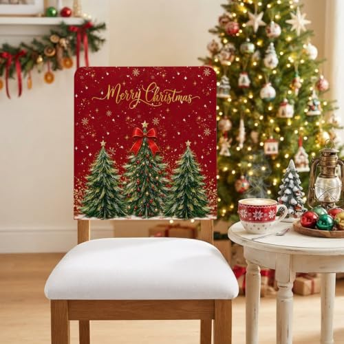 Red & Green Christmas Tree Chair Covers Set of 6 - Snowflake Balls Holiday Slipcovers