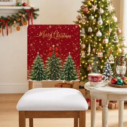 Red & Green Christmas Tree Chair Covers Set of 6 - Snowflake Balls Holiday Slipcovers
