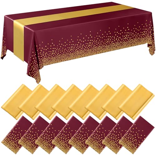 Burgundy and Gold Tablecloths Set with Satin Runners - 8 Pack - Wedding & Party Decor