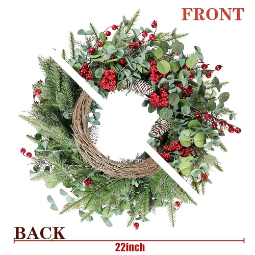 Artificial Christmas Wreath 22 Inch with Red Berries Pine Cones and Eucalyptus - Green