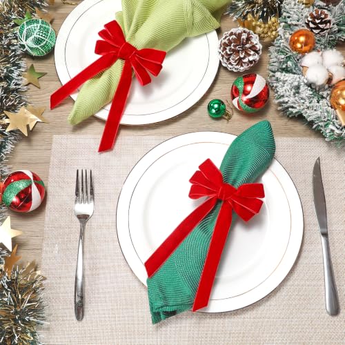 Christmas Napkin Rings Set - Red Velvet Bow 8 Pcs, 7.5 Inch Holiday Decor