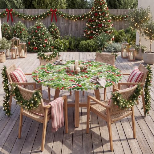 Fitted Christmas Tablecloth 45-56 Inch Round, Holly Fruits Green, 60 Inch