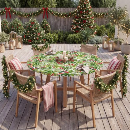 Fitted Christmas Tablecloth 45-56 Inch Round, Holly Fruits Green, 60 Inch