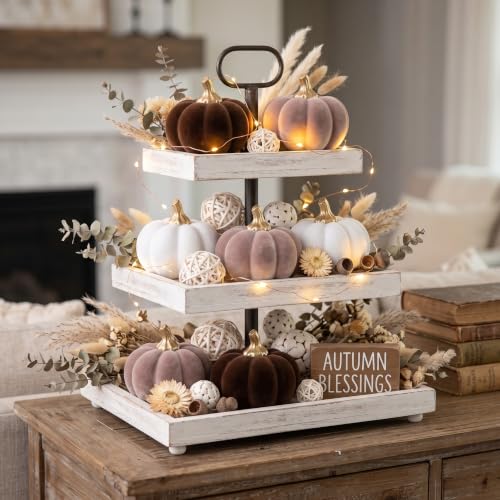 6Pcs Fall Pumpkin Decor Set - Small Velvet Flocked Resin Figurines, White & Brown