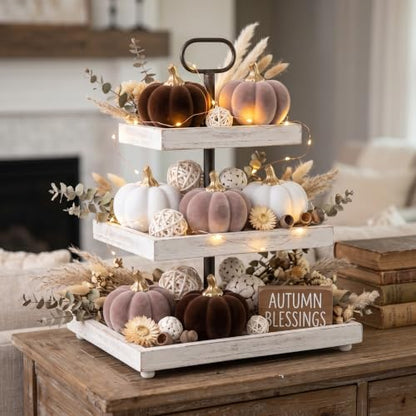 6Pcs Fall Pumpkin Decor Set - Small Velvet Flocked Resin Figurines, White & Brown
