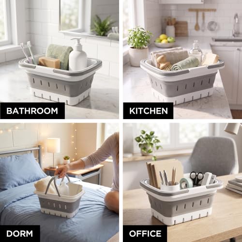 Multipurpose Collapsible Storage Caddy Set with Handles for Bathroom Kitchen Dorm Gray