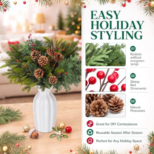 Artificial Christmas Greenery Picks Set with Cedar, Berries & Pine Cones