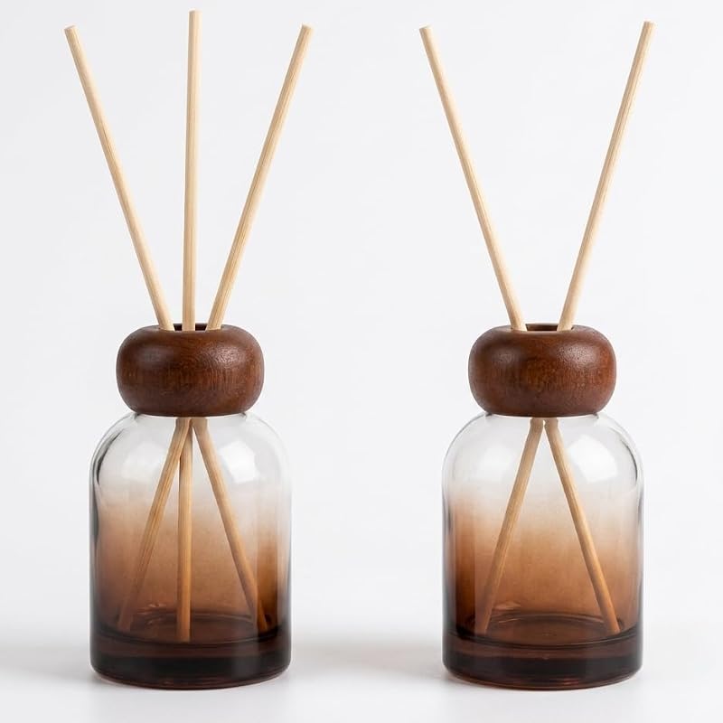 Diffuser Bottle Set with Wooden Caps - 2 Gradient Brown Glass Reeds & Sticks