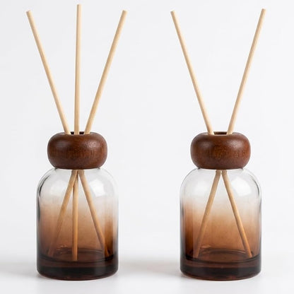 Diffuser Bottle Set with Wooden Caps - 2 Gradient Brown Glass Reeds & Sticks