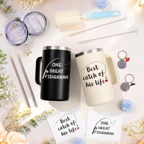 His and Hers 20oz Coffee Mug Set with Keychain & Card - Black & Cream, Couples Gift