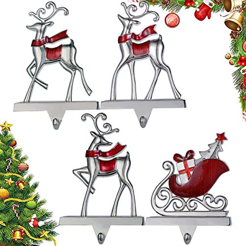Christmas Stocking Holders Set of 4 Reindeer & Sled Car Hooks Mantle Fireplace Decor
