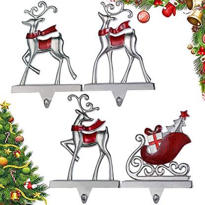 Christmas Stocking Holders Set of 4 Reindeer & Sled Car Hooks Mantle Fireplace Decor