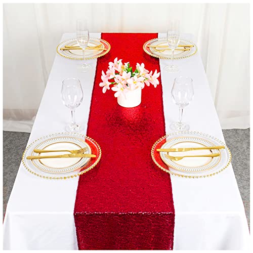 Red Sequin Table Runner 12x108 Inches - 6 Pack Glitter Tablecloths