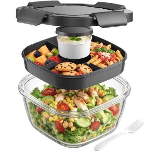 Black Glass Salad Container 56oz with Airtight Lid and Toppings Tray