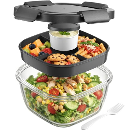 Black Glass Salad Container 56oz with Airtight Lid and Toppings Tray