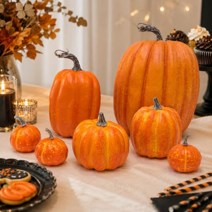 7-Piece Artificial Pumpkins Set for Fall Harvest Decor - Rustic Autumn Decorations