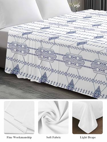 Blue Ethnic Seamless Queen Flat Sheet Microfiber Bed Bedding - Breathable & Wrinkle-Free