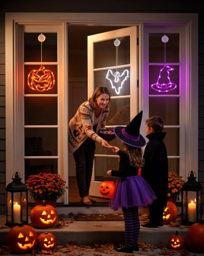Halloween Window Lights Set - Pumpkin, Ghost & Hat with Timer & Suction