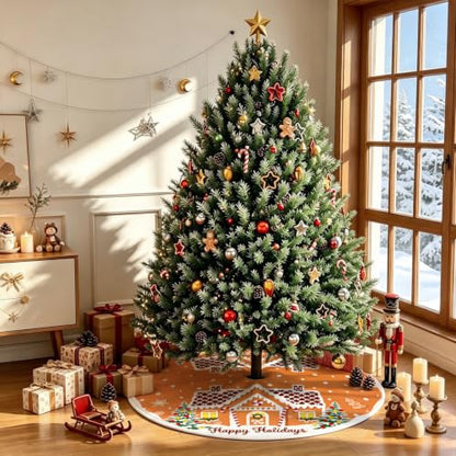 48 Inch Christmas Tree Skirt with Gingerbread House Design - Festive Holiday Decor