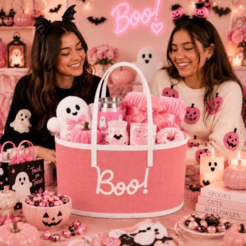 Pink Halloween Gift Basket - Large Foldable Woven Bamboo Decor