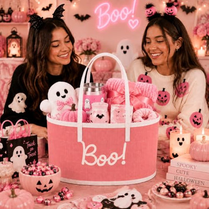 Pink Halloween Gift Basket - Large Foldable Woven Bamboo Decor