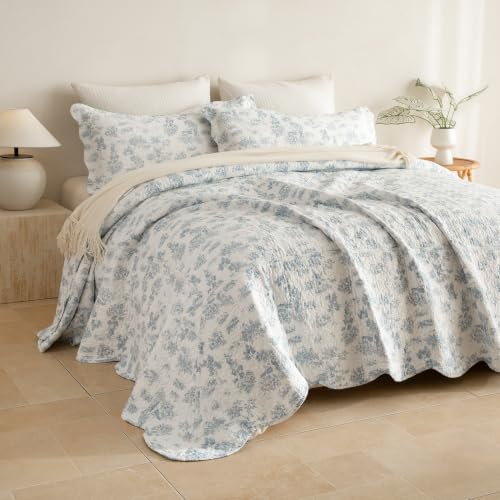 Lady Ann Oversized Floral King Bedspread Set - Light Blue 120x120 Inches, 3 Piece Cotton Quilt with Scalloped Edges, California King Variation