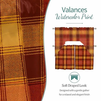 Burgundy & Warm Ochre Plaid Kitchen Curtains Set - 3 Piece Farmhouse Swag & Tier