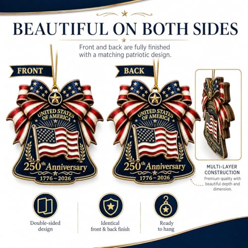 Patriotic Bell Ornament - 250th Anniversary Christmas Decoration, Wooden American Flag, Double-Sided 2026 Keepsake