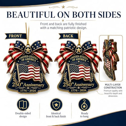 Patriotic Bell Ornament - 250th Anniversary Christmas Decoration, Wooden American Flag, Double-Sided 2026 Keepsake