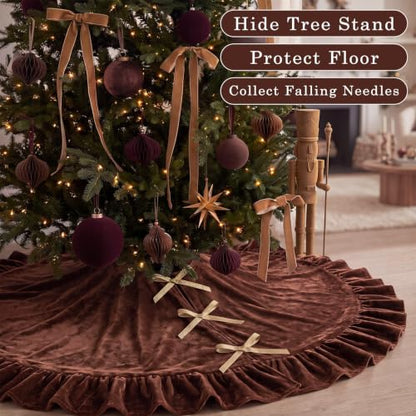 Velvet Christmas Tree Skirt 36 Inches Bow Style Brown - Holiday Decor
