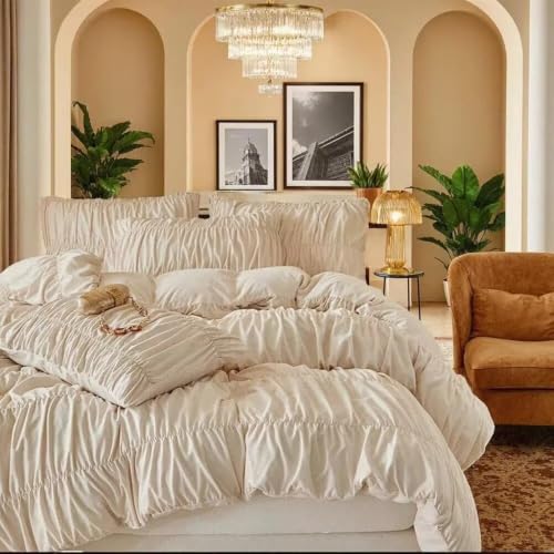 Full Beige Ruched Duvet Cover Set 3 Pieces with Pillowcases - Luxury Bedding