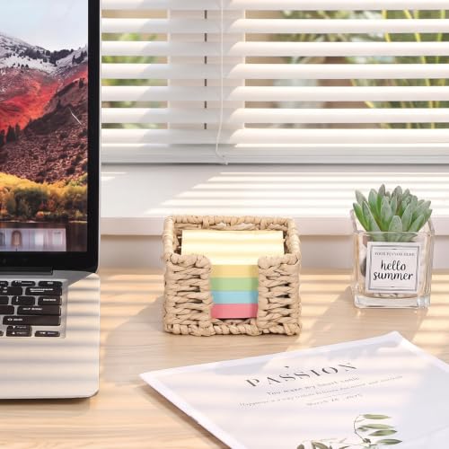Natural 4.1 x 4.1 Inch Sticky Note Holder Dispenser with Paper Rope