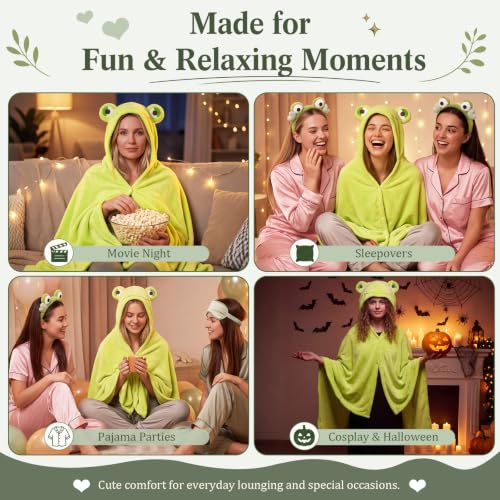 Frog Hooded Blanket Set with Headband and Sleep Mask - Cozy Green Loungewear