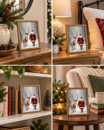 Vintage Santa Reindeer Christmas Wall Art - Framed 10x8 Inch Rustic Canvas