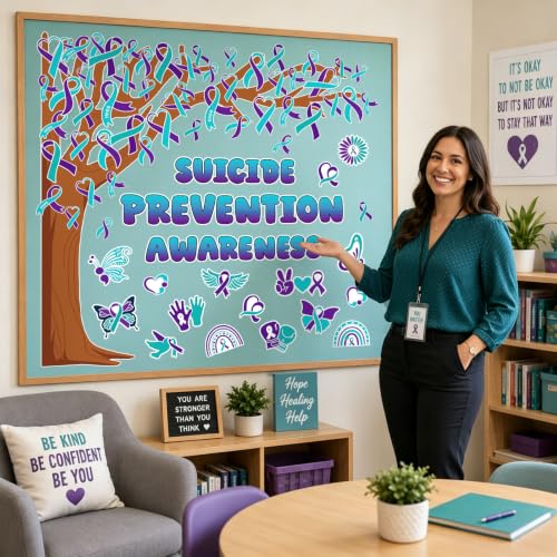 Suicide Prevention Awareness Bulletin Board Decor Set with Tree & Ribbon Cutouts