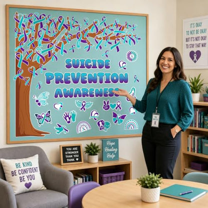 Suicide Prevention Awareness Bulletin Board Decor Set with Tree & Ribbon Cutouts