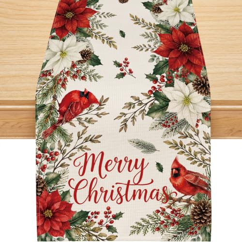 Christmas Table Runner 13x72 Inch Poinsettia Holiday Decor - 220 GSM