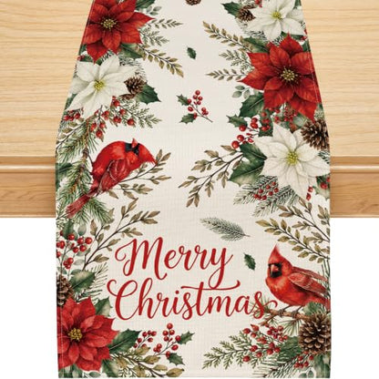 Christmas Table Runner 13x72 Inch Poinsettia Holiday Decor - 220 GSM