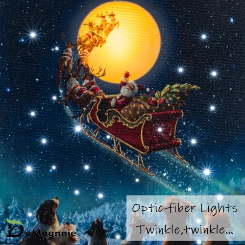 Lighted Fiber Optic Canvas Wall Art Santa Over Moon 8x6 Inch - Festive Holiday Decor