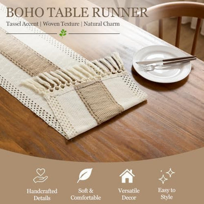 Beige Farmhouse Macrame Table Runner 12x90 Inch for Fall Home Decor