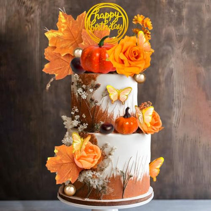 Fall Cake Topper Set with Autumn Flowers, Pumpkins & Maple Leaves for Thanksgiving