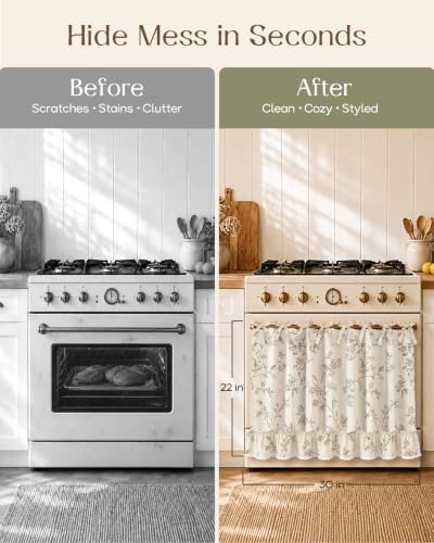Farmhouse Oven Curtain with Tie Top - Taupe Floral Kitchen Decor