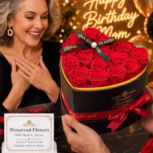 Long-Lasting Preserved Roses Gift Box - Heart-Red 16 Roses for Mom's Birthday