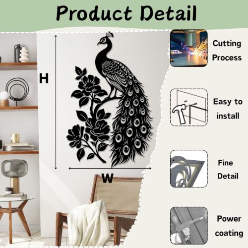 Peacock Metal Wall Art with Peonies - Black, 30 x 19 inches Wall Decor
