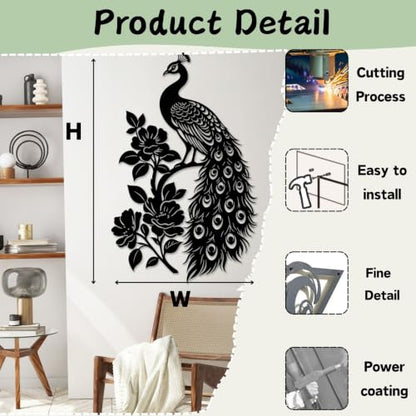 Peacock Metal Wall Art with Peonies - Black, 30 x 19 inches Wall Decor