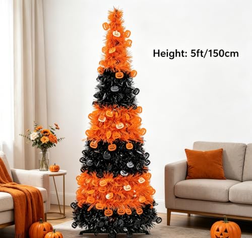 5ft Collapsible Halloween Tinsel Tree Black and Orange Reusable Pop-Up Decor