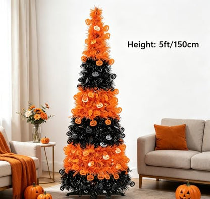 5ft Collapsible Halloween Tinsel Tree Black and Orange Reusable Pop-Up Decor