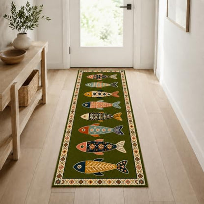 Fish Runner Rug 2x4ft - Washable Non-Slip Hallway Rug in Olive - Fish-Inspired Art