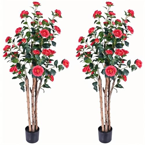 5ft Artificial Camellia Tree with Red Flowers - Potted Faux Indoor Outdoor Plant, Realistic Blooming Fake Tree, Home Decor